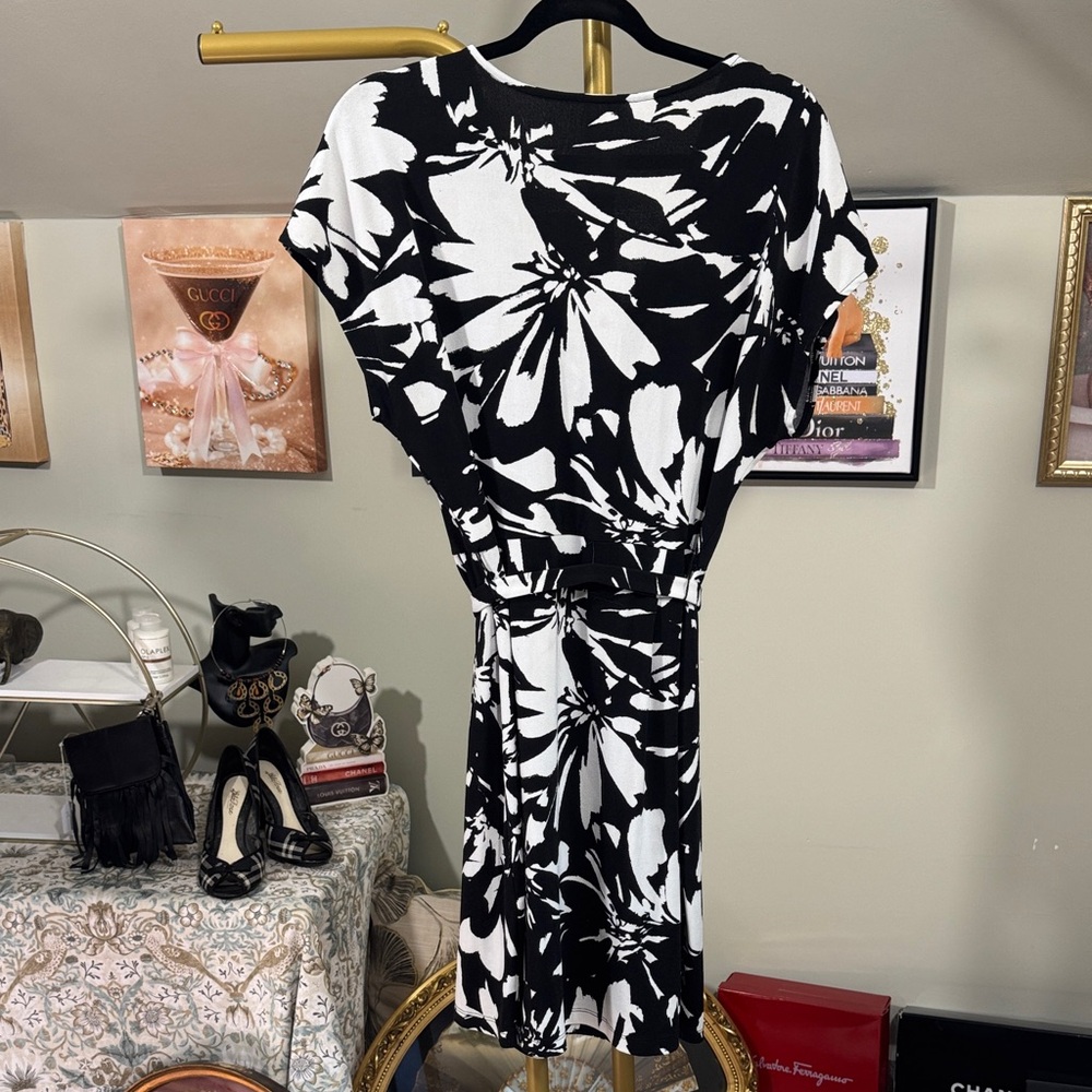 Nine West Black and White Floral Midi Faux Wrap Dress - Picture 3 of 8